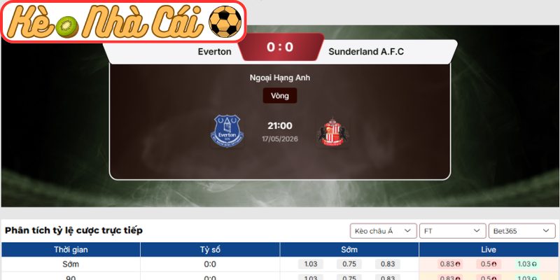 Kèo châu Á trận Everton vs Sunderland (21:00 17-05, Ngoại Hạng Anh)